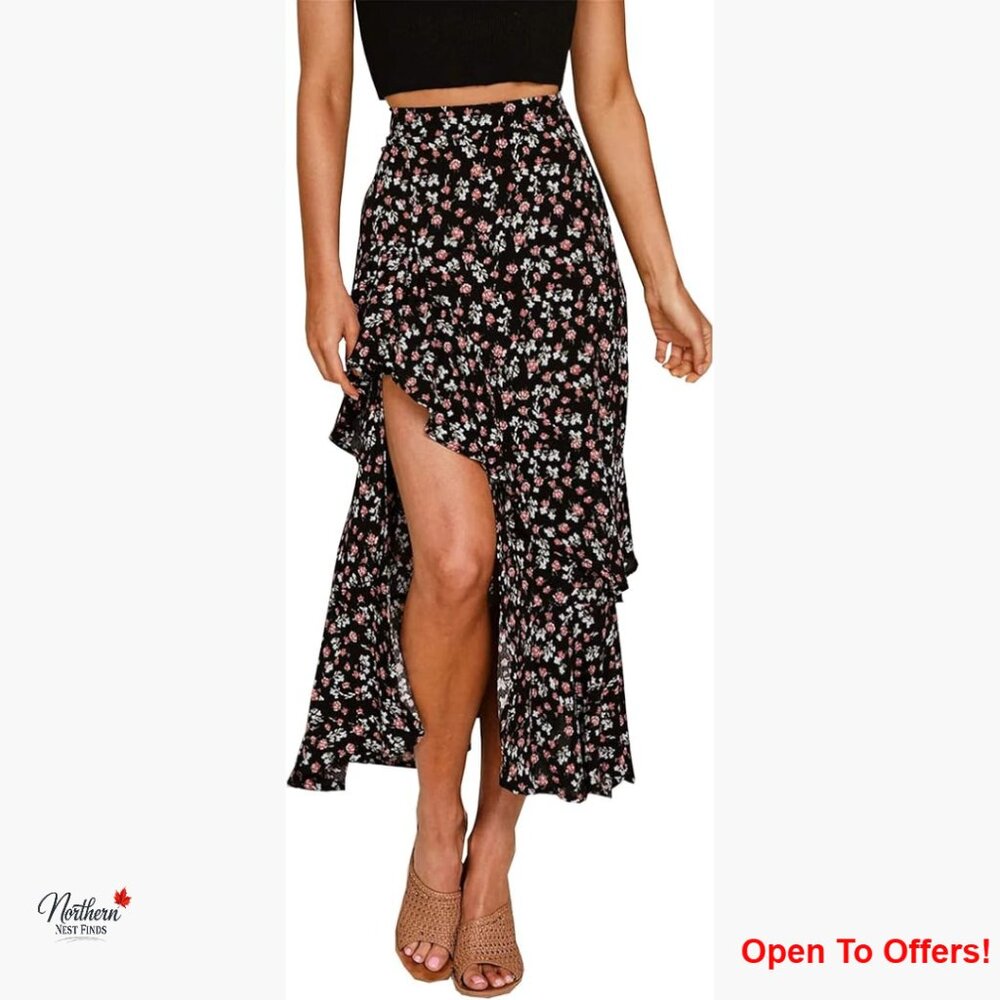 Floral Print Maxi Skirt with Elastic Waist and Ruffle High Low Hem